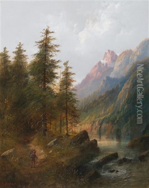 Mountain Landscape With Walker Oil Painting - Eduard Boehm