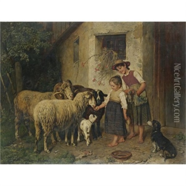Bei Den Schafen-feeding The Sheep Oil Painting - Adolf Eberle