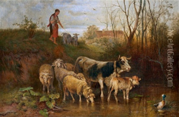 Hirtin Mit Schafen Und Kuhen An Der Furt Oil Painting - Otto Friedrich Gebler