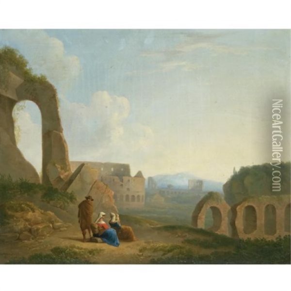 A Roman Capriccio With Figures, The Colosseum Beyond Oil Painting - Thomas Barker