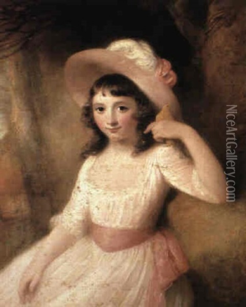 Portrait Of A Young Girl Seated Three Quarter Length        Wearing A White Dress With A Pink Sash And Hat, In Her Left Oil Painting - John Singleton Copley