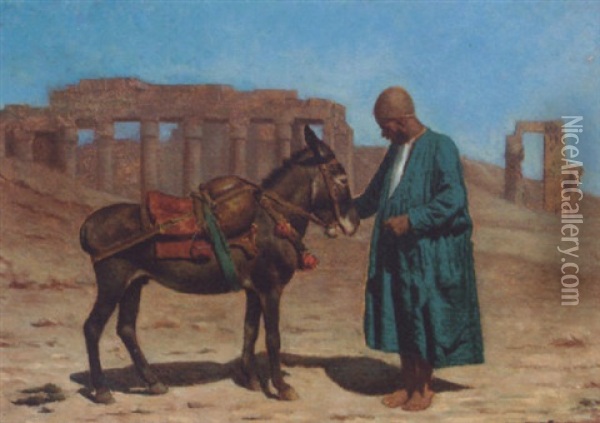 A Man Tending A Donkey In A Desert Landscape Oil Painting - Franz Xavier Kosler