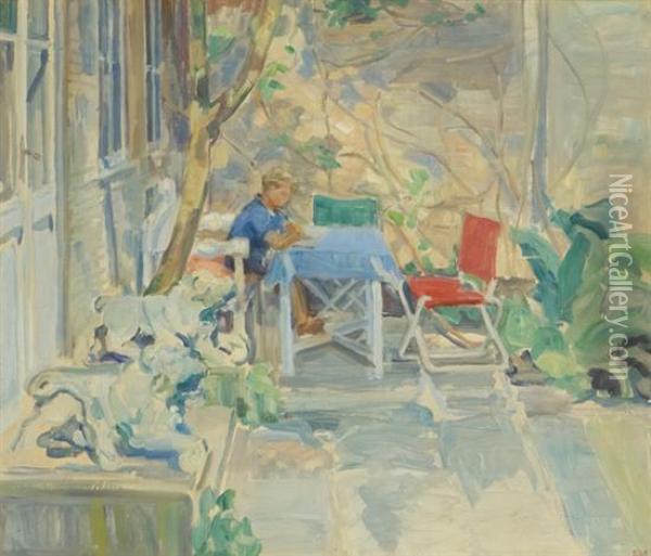 Young Boy On The Front Porch Oil Painting - Henry Bainbridge Maccarter