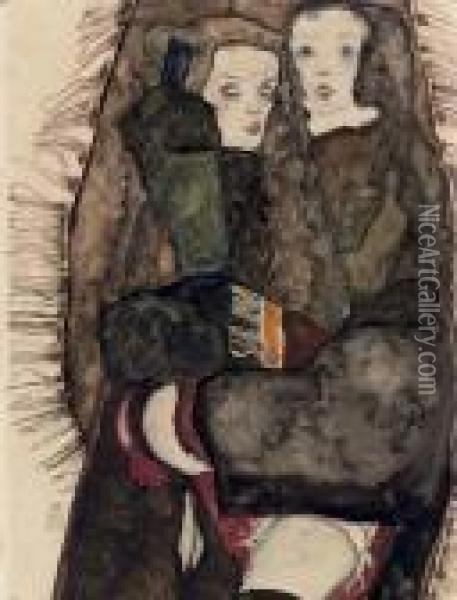 Zwei Madchen Auf Einer Fransendecke Oil Painting - Egon Schiele