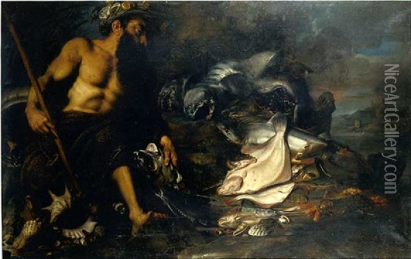Allegorie De L'eau: Un Triton Avec Poissons, Crustaces Et Coquillages Marins Oil Painting - Abraham Janssens