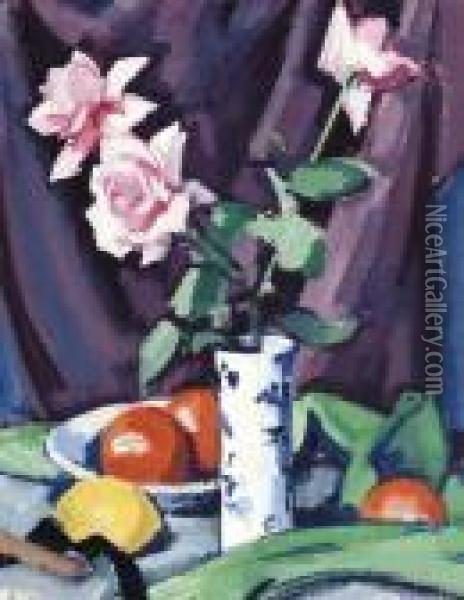 Three Pink Roses In A Blue Vase With Fruit Oil Painting - Samuel John Peploe
