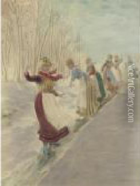 Sliding In The Snow Oil Painting - Hans Dahl