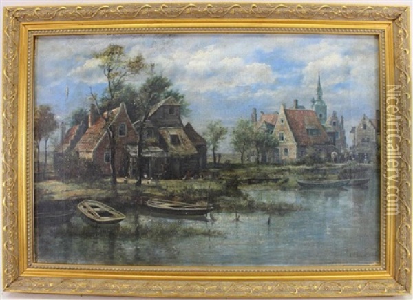 Canal Scene With Steeple In The Background Oil Painting - Johann Christoph Frisch