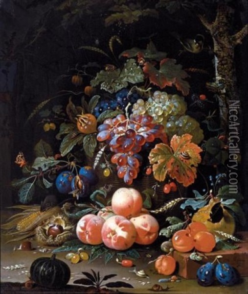 A Still Life Of Red And White Grapes In A Basket, Peaches, Plums, Chestnuts, An Ear Of Corn And Gooseberries Resting On A Forest Floor, With Snails, Butterflies, A Caterpillar, Wasp And Other Insects Oil Painting - Abraham Mignon
