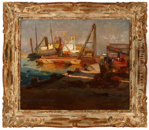 Boats And Workers - San Pedro Harbor Oil Painting - Jean Mannheim