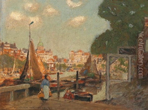 Hollandische Gracht Mit Blick Auf Die Hauser Einer Stadt Oil Painting - Heinrich Hermanns