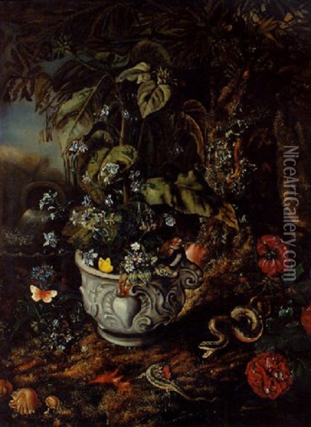 Flowers In A Sculpted Urn, With A Lizard, A Snake, Toadstools, Butterflies, An Overturned Urn And Peonies On A Forest Floor Oil Painting - Isac Vromans