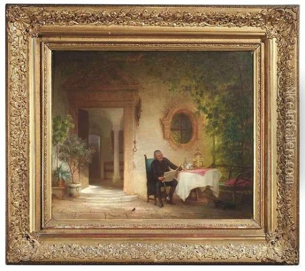 Scenery At The Entrance Door. A Gentleman Has Made Himself Comfortable At A Table Oil Painting - Pancraz Korle