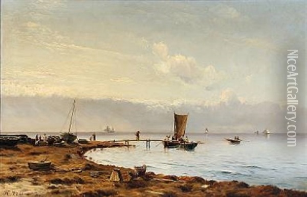 Coastal Scene With Fishermen Oil Painting - Holger Luebbers