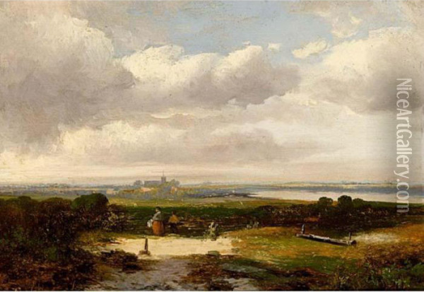 Travellers In A Landscape, A Town Beyond Oil Painting - Hermanus Jan Hendrik Rijkelijkhuijsen