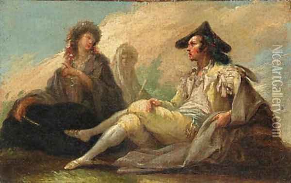 A Youth seated with a Basket; and A seated Majo and Maja in Conversation Oil Painting - Ramon Bayeu Y Subias