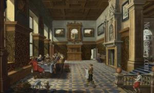 A Festive Company At Table In A Renaissance Hall. Oil Painting - Bartholomeus Van Bassen