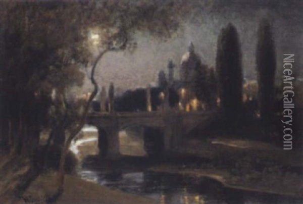 Die Elisabethbrucke, Im Hintergrund Karlskirche, Bei Nacht Oil Painting - Anton Hlavacek