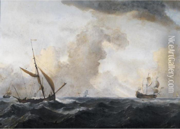 An English Galliot At Sea Running Before A Strong Wind Oil Painting - Willem van de, the Elder Velde
