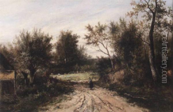 A Figure Walking On A Country Lane Oil Painting - Joseph Thors