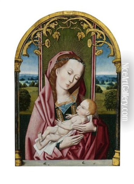 Maria Mit Dem Kind In Einer Fensternische Vor Einer Landschaft Im Hintergrund Oil Painting - Jan Provoost