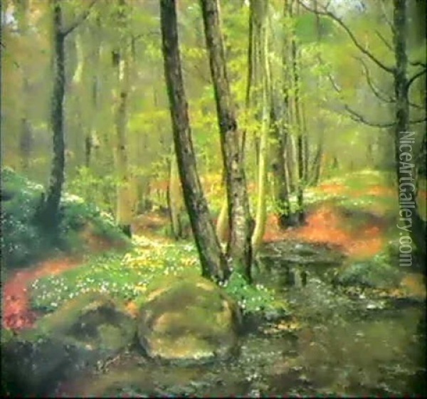 Skovparti Med Rislende Baek Og Blomstrende Anemoner Oil Painting - Hans Andersen Brendekilde