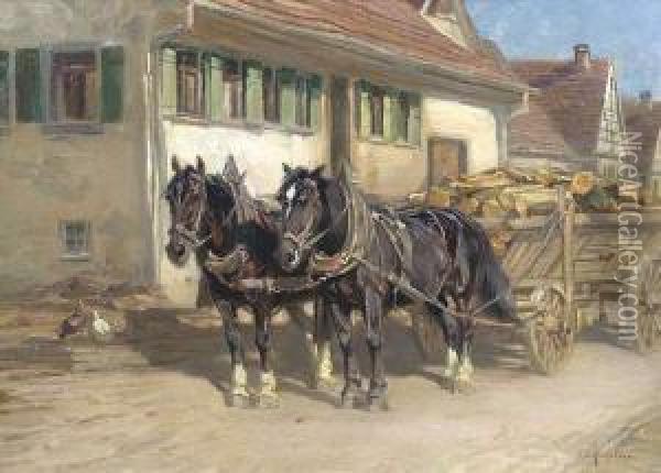 A Horse-drawn Vehicle In Front Of A Tavern Oil Painting - Friedrich Eckenfelder