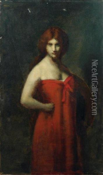 B&l Portrait De Femme En Robe Rouge (judith) Oil Painting - Jean-Jacques Henner