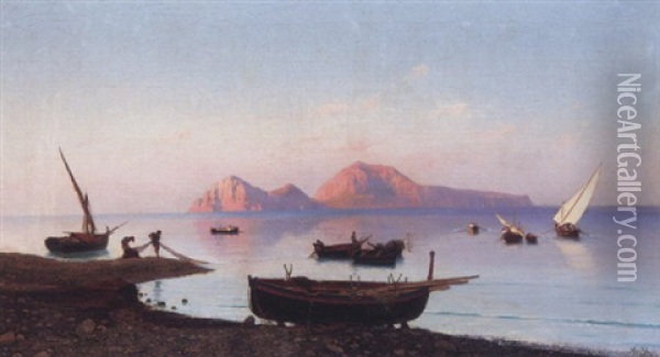 Fishing Boats Off The Naples Coast, Capri Beyond Oil Painting - Friedrich Nerly the Younger