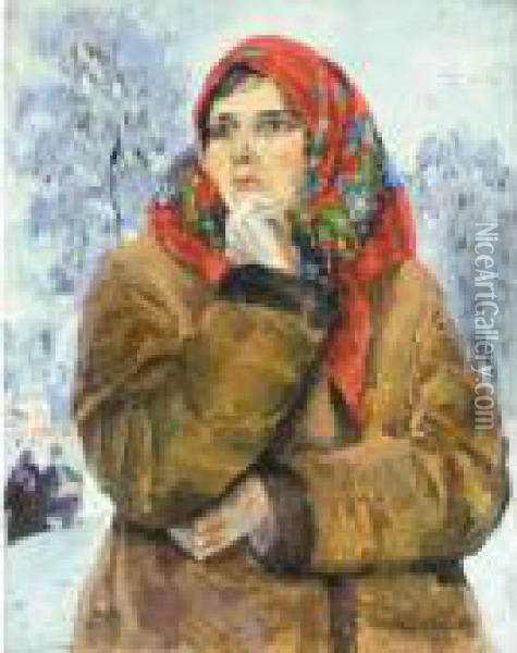 Girl In A Red Scarf Oil Painting - Sergey Arsenievich Vinogradov