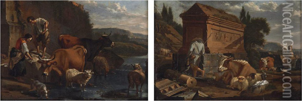 Country Folk And Livestock Along A River Oil Painting - Karel Dujardin