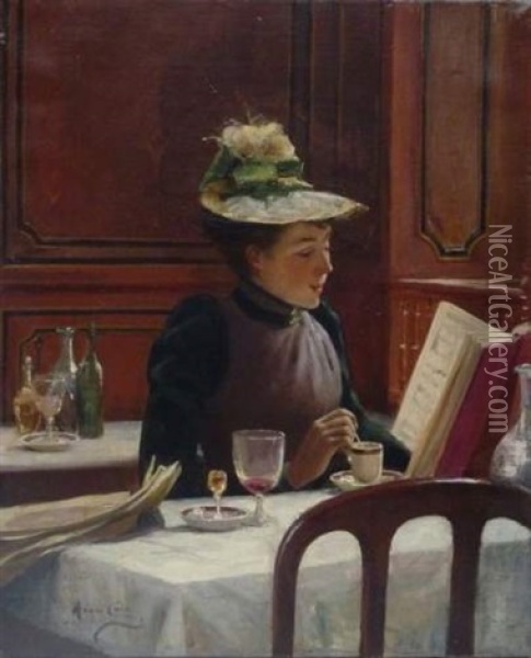 Jeune Elegante Au Bistro Oil Painting - Henri Cain