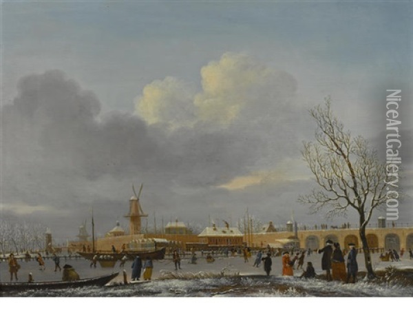 A Winter Landscape With Skaters On The Amstel Oil Painting - Jan Ekels the Elder
