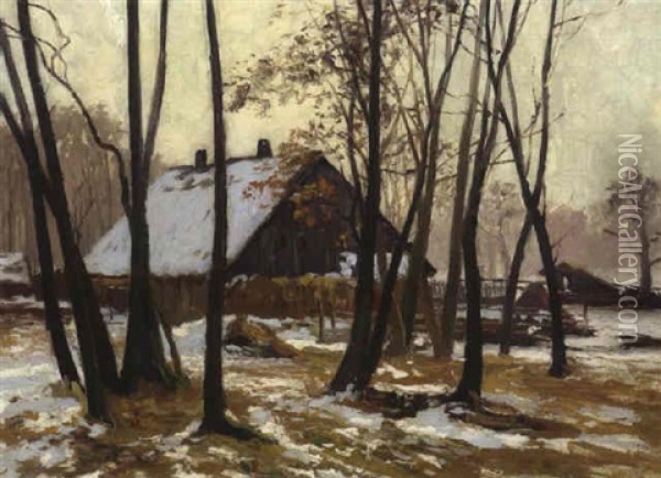 Estnisches Gehoft Im Winterwald Oil Painting - Michael Gorstkin-Wywiorski