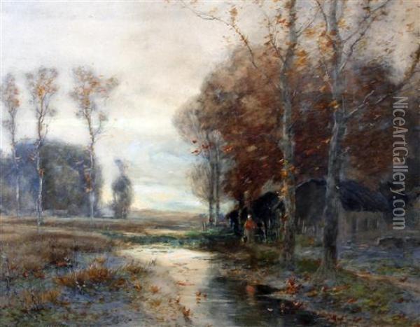 Autumnal River Scene With Figure And Cottage Oil Painting - Charles Henry Miller