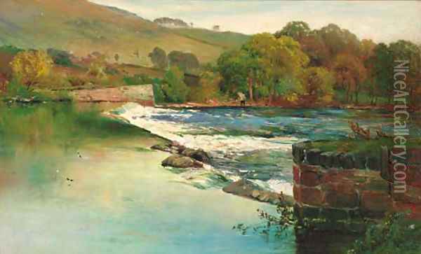 An angler fishing by a weir Oil Painting - Alfred de Breanski
