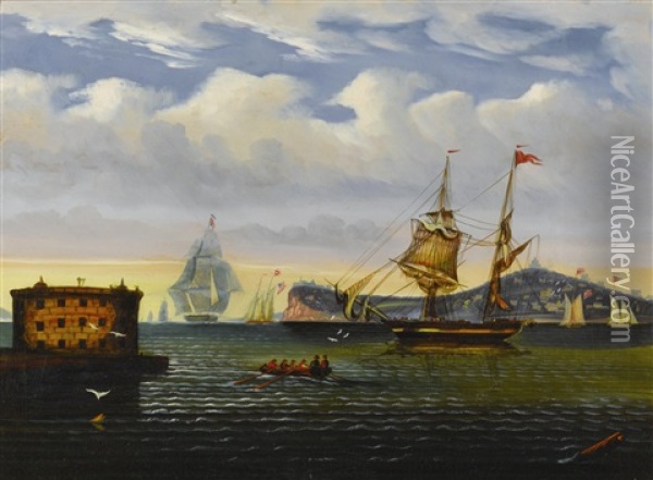 New York Harbor With Castle Garden And Ships Oil Painting - Thomas Chambers