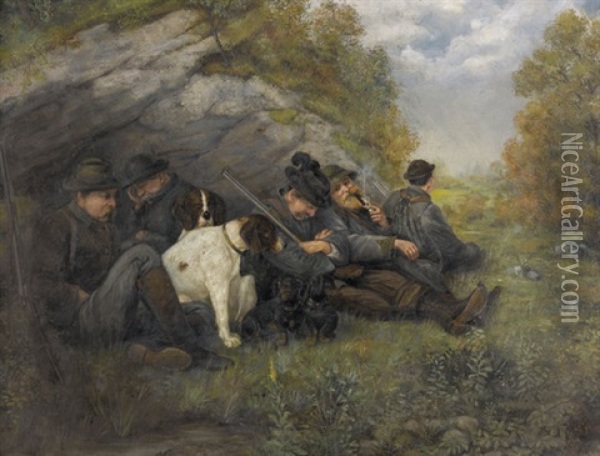 Rastende Jager Mit Hunden Oil Painting - Burkhard Flury