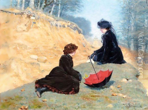 To Piger Der Hviler Ved Vejen (Two Girls Resting On A Path) Oil Painting - Hans Anderson Brendekilde