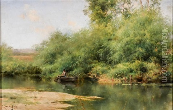 Figure With Boat In A Landscape Oil Painting - Emilio Sanchez-Perrier