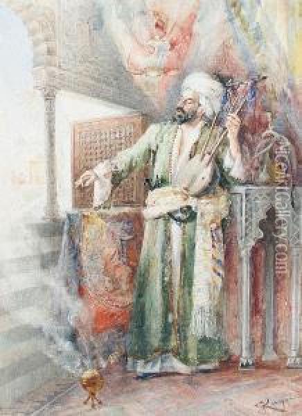 The Arab Musician Oil Painting - E. Raggi