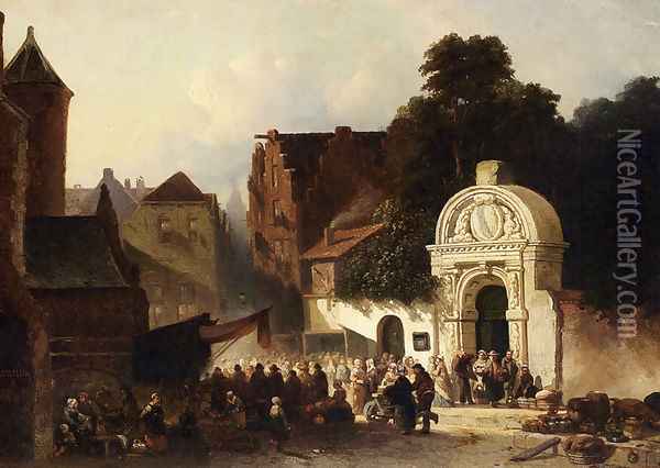 A Busy Market In A Dutch Town Oil Painting - Jacobus Adrianus Vrolijk
