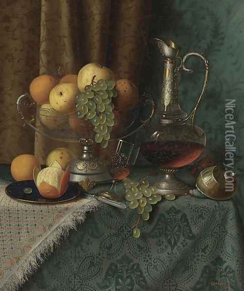 Still Life with Fruit and Wine Oil Painting - William Michael Harnett