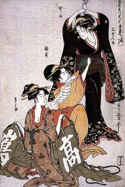 Scene 3, Comparison of celebrated beauties and the loyal league, c.1797 Oil Painting - Kitagawa Utamaro