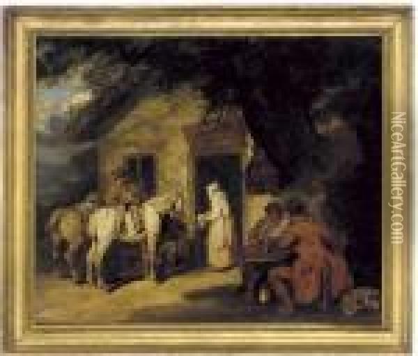 Figures And Horses Outside An Inn Oil Painting - George Morland