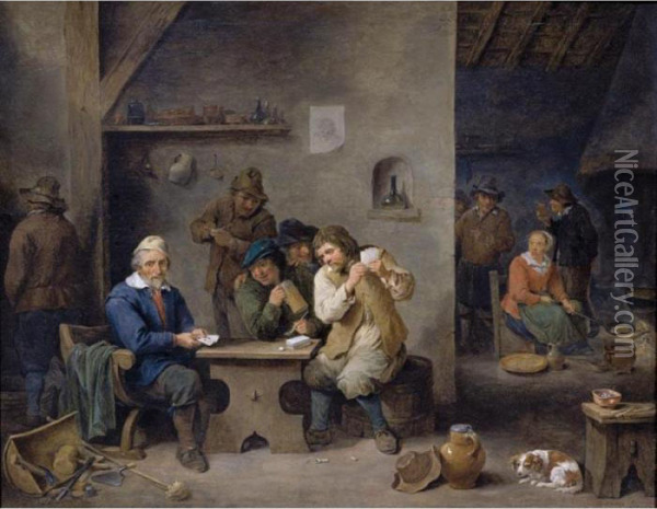 Figures Gambling In A Tavern Oil Painting - David The Younger Teniers