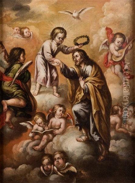 El Nino Jesus Coronando A San Jose Oil Painting - Lucas De Valdes