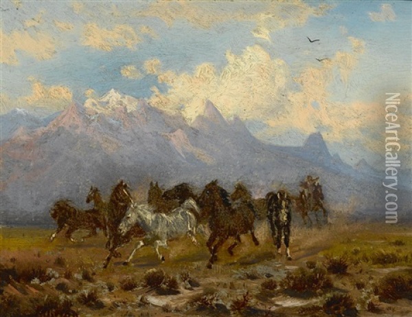 Wild Horses Beneath The Tetons, Wyoming Oil Painting - Peter Moran