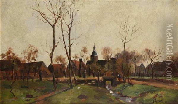 A View Of A Village With A Brook Oil Painting - Anton Chittussi