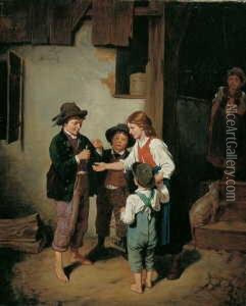 Kinder Einen Vogel Futternd. Oil Painting - Friedrich Wilhelm Schon